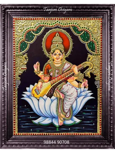 Goddess Saraswathi Tanjore Style painting seated white lotus veena red halo gold foil artwork